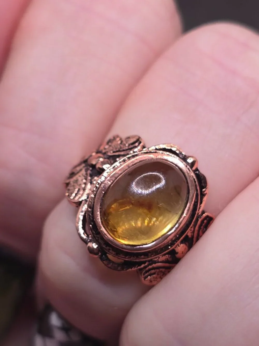 Amber Copper Floral Ring Size 7 Oval Honey Gemstone Statement Jewelry